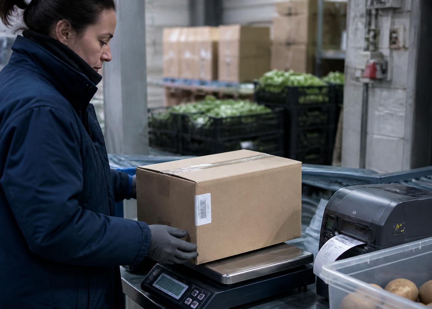 Conferência e pesagem de caixas de alimentos em checkpoint de expedição
