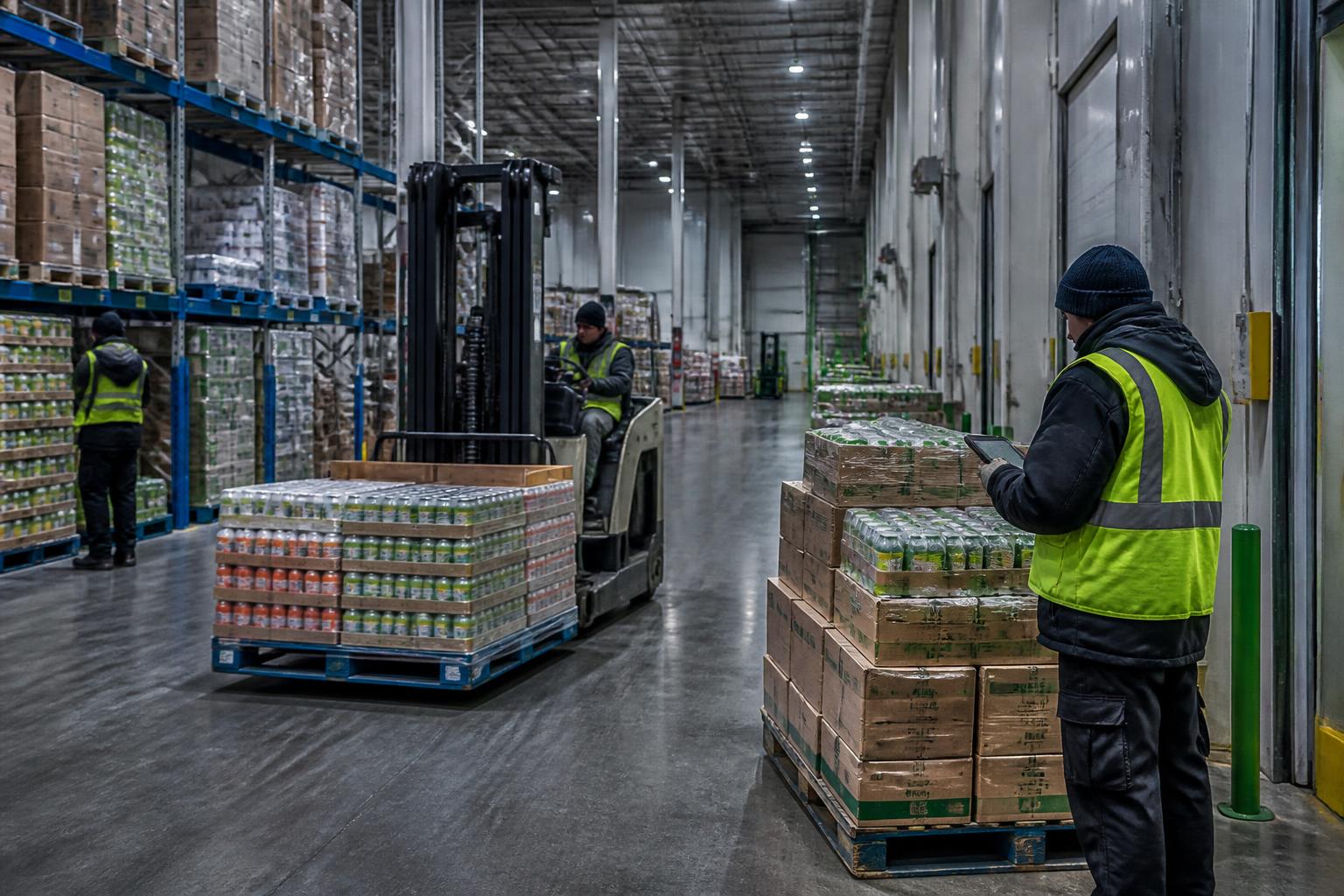 Sala de operações de um centro de distribuição com painéis de pedidos e estoque