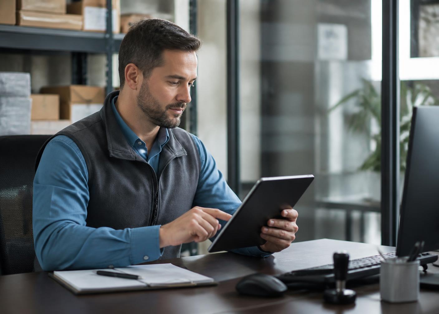 Vendedor consultando pedidos e estoque em tablet dentro do centro de distribuição
